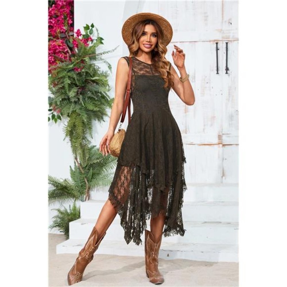 Army Green Lace Sleeveless Asymmetrical Layered Lace Tiered Long Midi Dress - Picture 2 of 7